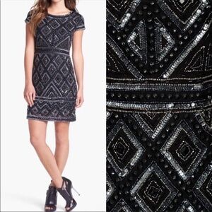 Adrianna Papell Gunmetal Beaded Sheath Dress